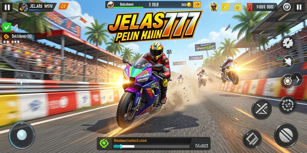 Screenshot permainan JELAS777 menampilkan aksi balapan motor yang seru.
